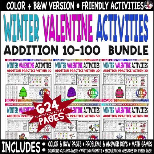Winter Valentine Activities Addition 10–100 Printable Worksheets Bundle ...