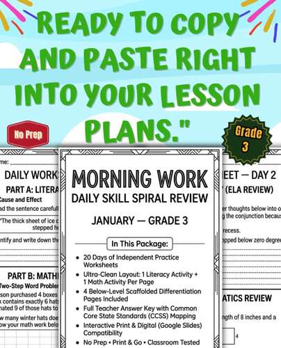 January Morning Work Grade 3 – Daily Math & ELA Review Worksheets – No Prep
