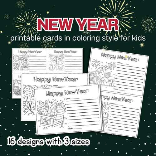New Year Cards for Kids, Printable Card templates, Coloring Page, Kids Activity