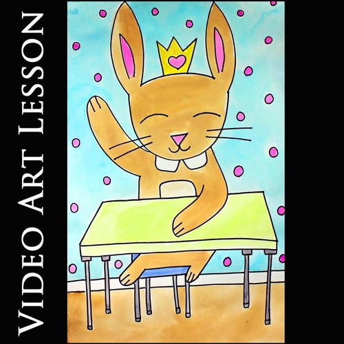 Preview of BACK-TO-SCHOOL BUNNY Art Lesson | EASY Directed Drawing & Painting Project