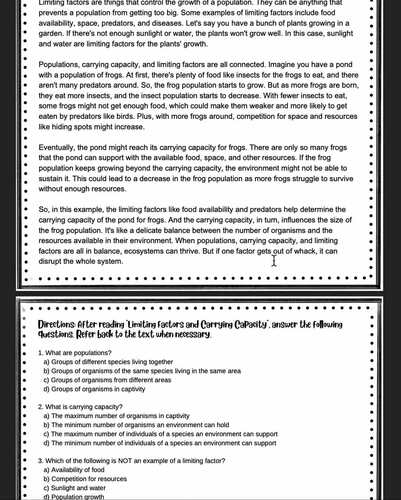 Limiting Factors and Carrying Capacity Reading Comprehension Worksheet