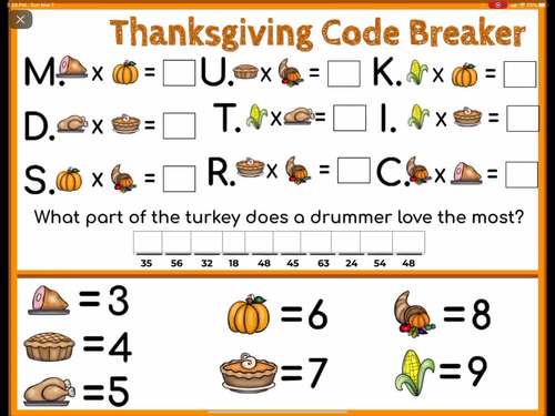 Thanksgiving Multiplication Digital Activity Code Breaker | Math Activity