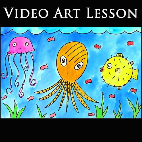 Preview of OCEAN ANIMALS Art Lesson | SUMMER Drawing & Painting End of the Year Activity