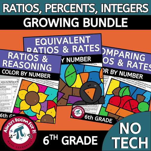 6th Grade Math Color by Number GROWING BUNDLE Ratios Percents Integers TEKS