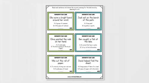 Homonym Task Cards by Crafted with Bliss by Teacher Pia | TPT