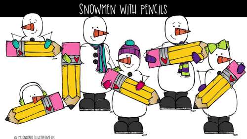 Snowmen with pencils clip art, Winter clip art Mini by Melonheadz Clipart