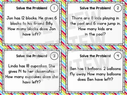 Word Problem Solving Task Cards - Grade 1 Math Addition ...