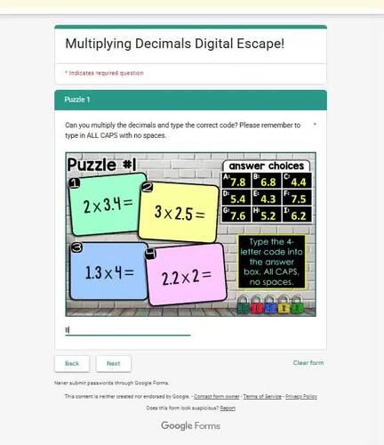 Multiplying Decimals Digital Math Escape Room Activity