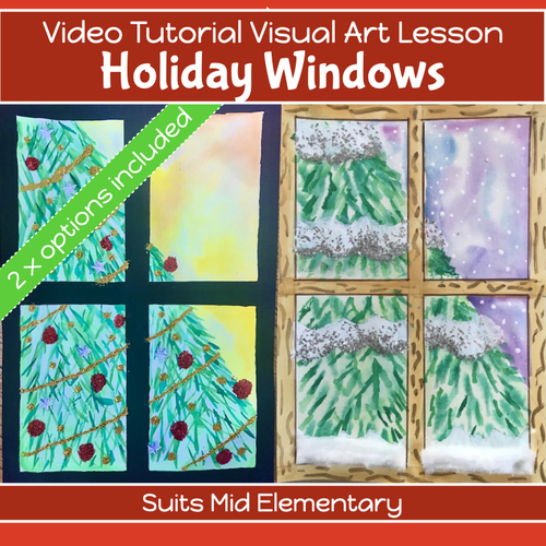 Preview of Christmas Winter Art project TREES in WINDOWS with VIDEO GUIDED lesson