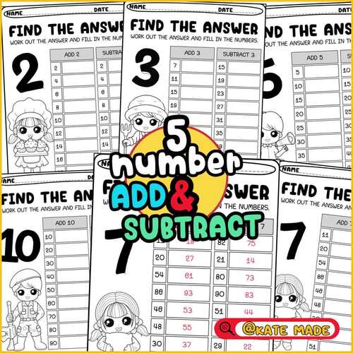 BASIC ADDITION & SUBTRACTION FILL IN THE NUMBERS WORKSHEETS by KATE MADE