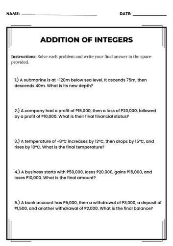 Adding, Subtracting, Multiplying, and Dividing Integers Worksheet
