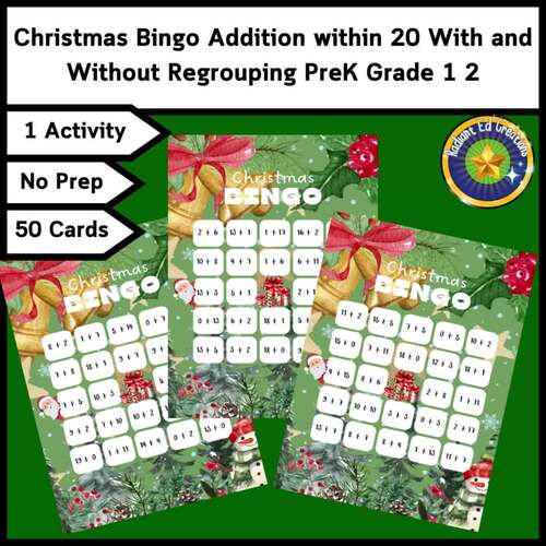 Christmas 20 Addition Bingo Math Fact Game Logic Puzzle Regroup Mental ...