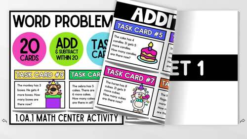 1st Grade | Near Doubles Word Problems | Task Cards | Party Animals