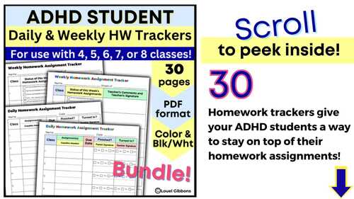 Homework Tracker for ADHD Students, Daily and Weekly Homework Trackers ...