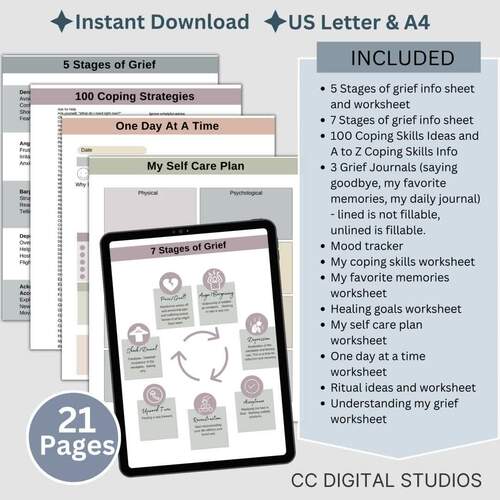Healing Journal Coping with Grief Therapy Worksheets, Sympathy Gift