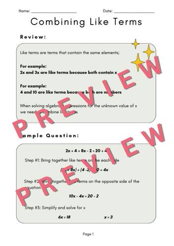 Combining Like Terms Guide and Worksheet for 7th Grade