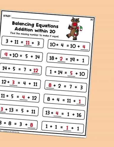 Rudolph Balancing Equations Addition Within 20 Christmas Math ...