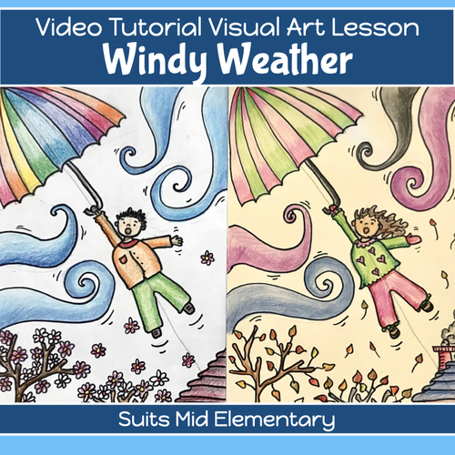 Preview of FALL - Spring Art project for WINDY WEATHER with VIDEO GUIDED lesson 3rd grade