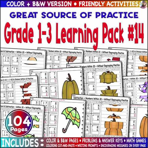 Spring & Fall Math Practice | Grade 1–3 | Addition, Subtraction, Multiplication.