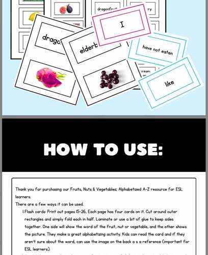 ESL Sentence Frames Vocabulary Cards; Fruits, Nuts & Vegetables A-Z, WIDA