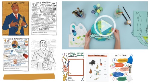 Preview of Louis Armstrong Beginner Art Craft Lesson, Cute Fact Sheet, Printables, More!