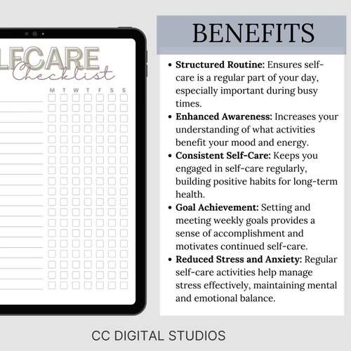 Self Care Checklist for Wellness Journal, Mental Health Self Care Worksheet