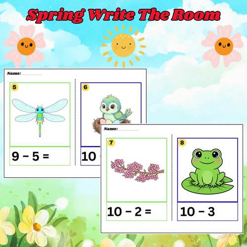 Spring Write the Room Math | Addition Subtraction Multiplication Task Cards Fun