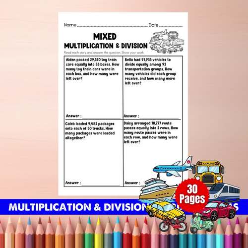 Grade 5 Mixed Multiplication & Division Word Problems | Transportation Math Work