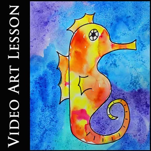 Preview of SEAHORSE Art Lesson | SUMMER Directed Drawing & Watercolor Painting Project