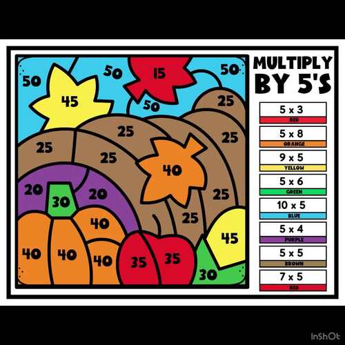 3rd Grade Multiplication ×5 Color-by-Code Worksheets | Thanksgiving Math