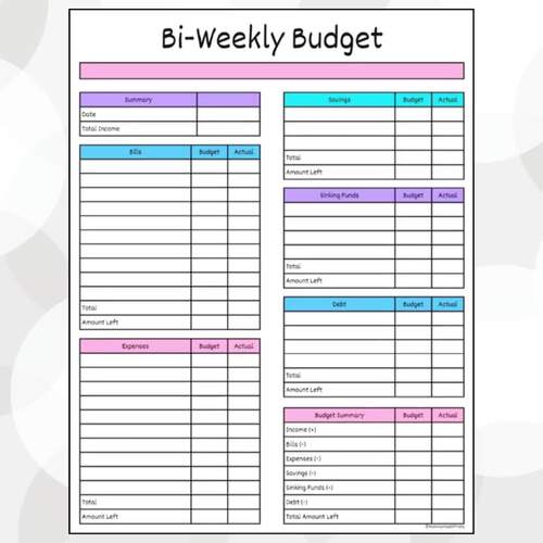Bi Weekly Budgeting Money Worksheet: Financial Literacy Responsibility