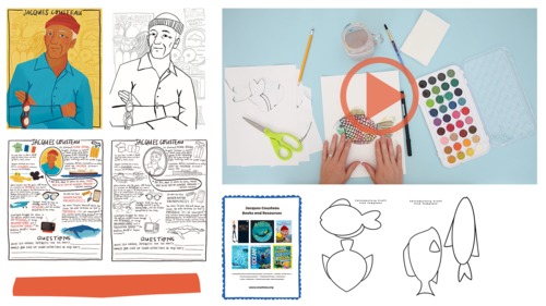 Preview of Jacques Cousteau Beginner Art Craft Lesson, Cute Fact Sheet, Printables, More!