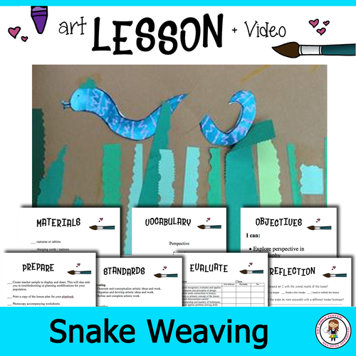 Preview of Elementary Art Lesson Plan + Video. Draw, Paint, Weave a Snake in the grass