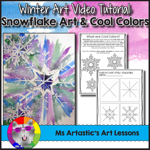 Preview of Winter Art Lesson, Snowflake Art, Cool Colors Art Project for Primary