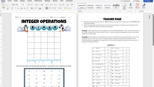 6th/7th Grade Math Winter Activity: BINGO Review Game (Integer Operations)