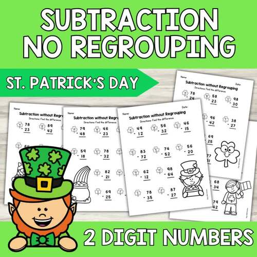 St. Patrick's Day Double Digit Subtraction without Regrouping (2 digit ...