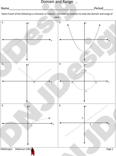 Domain and Range Printable/Handout/Homework by DNJDesigns and Mathman1962