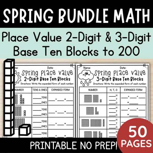 1st & 2nd Spring Math:  Place Value 2 & 3-Digit Base Ten Blocks Expanded Form