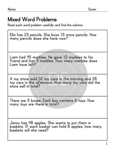 100 Word Problems Worksheets Set 1- Addition Subtraction Multiplication Division