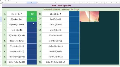 Solving Multi-Step Equations with Variables on Both Sides Digital Pixel Art