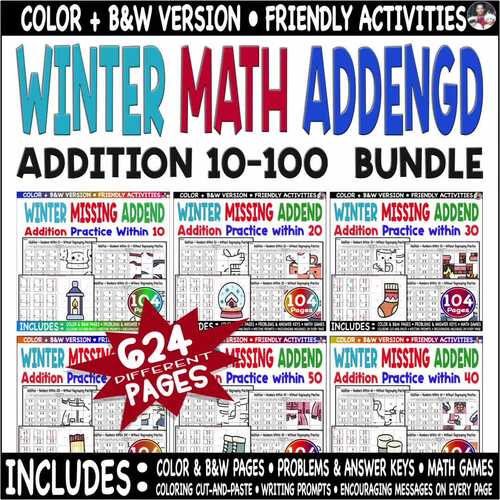 Winter Addition Color Code Picture Missing Addend Worksheets Bundle 10–100.