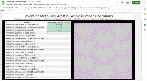 Valentine's Day Pixel Art - 4th Grade Whole Number Operations - GOOGLE ...