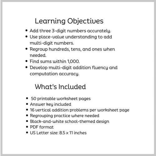 Grade 3 Addition with 3 Addends Worksheets | Add Three 3-Digit Numbers
