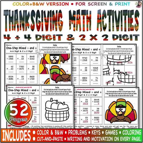 One Step 4 by 4 Division, 2 By 2 Digit Multiplication | Thanksgiving ...