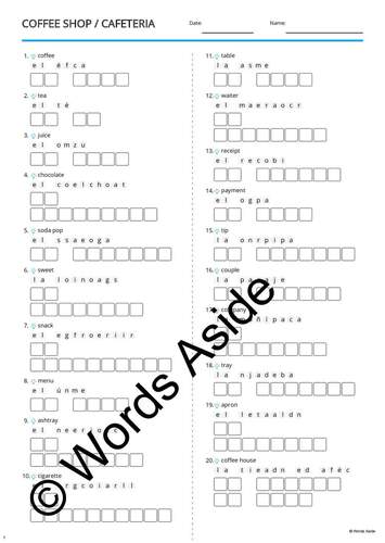Spanish English Bilingual Vocabulary Worksheets Cards Puzzles Games COFFEE