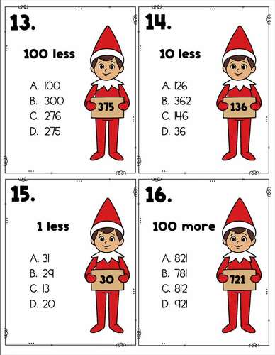 Elf on the Shelf Math Task Cards | 1, 10, 100 Less and More | Christmas ...