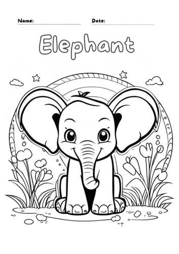 Cute Elephant Coloring Page Art for Kids , Preschool , 21x29.7cm,A4