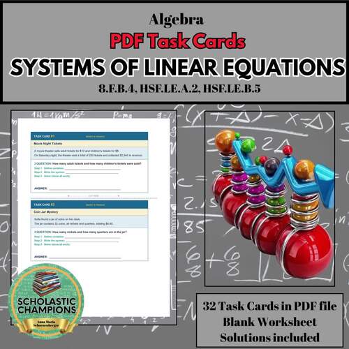 SYSTEMS OF LINEAR EQUATIONS * Algebra PDF Task Cards by Scholastic ...