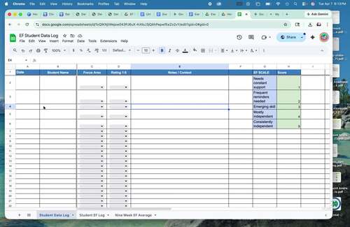 Executive Functioning Data Collection Log by AJ Structured Independence