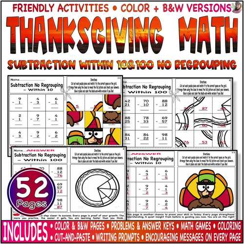 Subtraction within 10 & 100 Without regrouping |Thanksgiving Activities ...